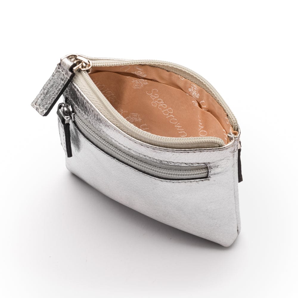 RFID Small leather zip coin pouch, silver pebble grain, inside