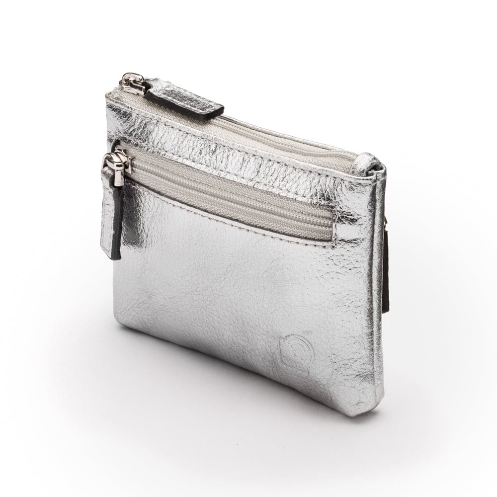 RFID Small leather zip coin pouch, silver pebble grain, back side