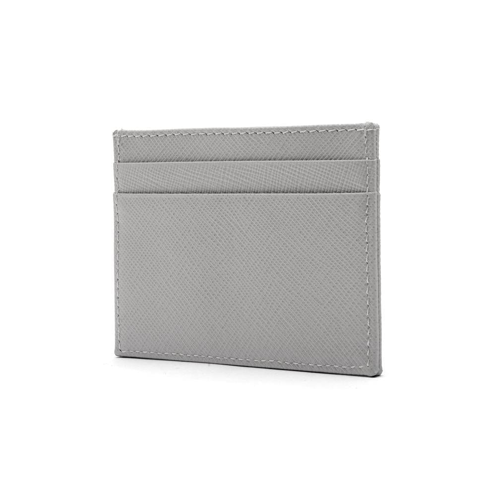 Flat leather credit card wallet 4 CC, grey saffiano, side