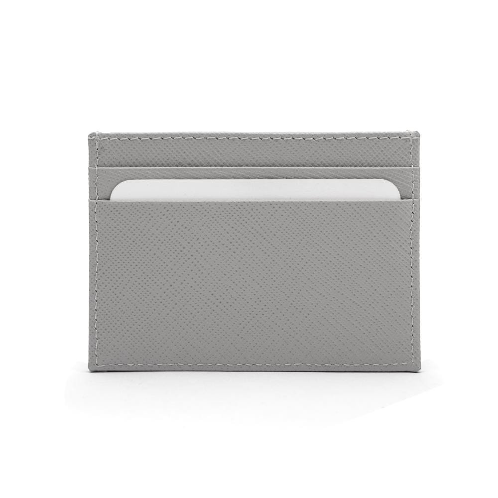 Flat leather credit card wallet 4 CC, grey saffiano, front