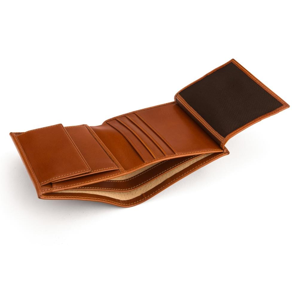 Compact RFID leather wallet with coin purse, Havana tan, inside