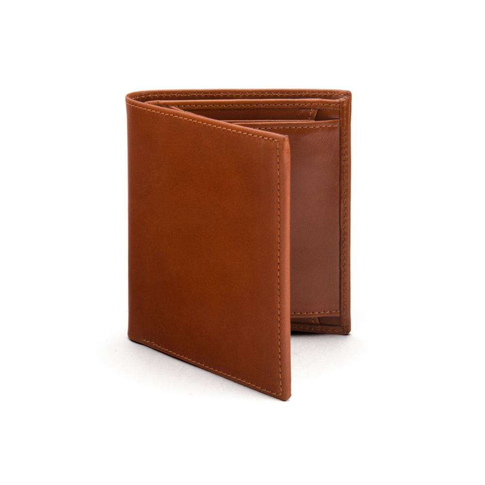 Compact RFID leather wallet with coin purse, Havana tan, front