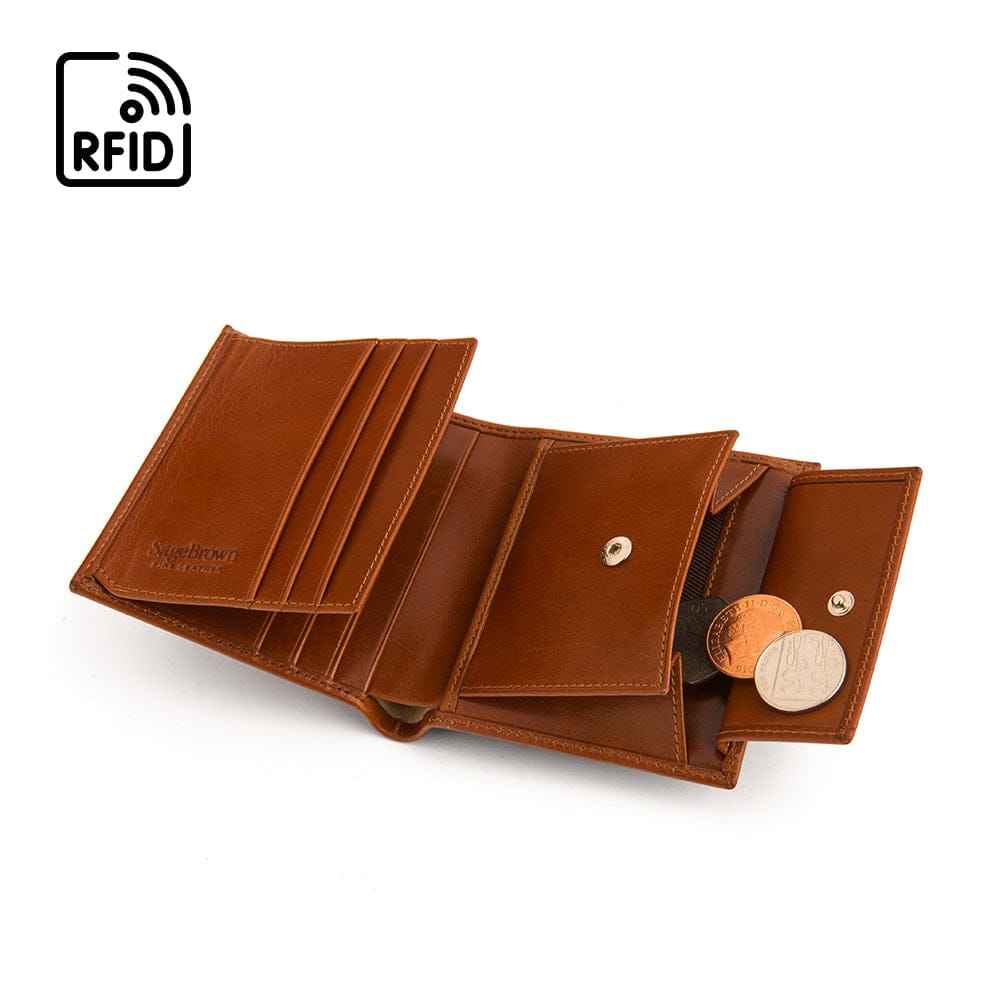 Compact RFID leather wallet with coin purse, Havana tan, open