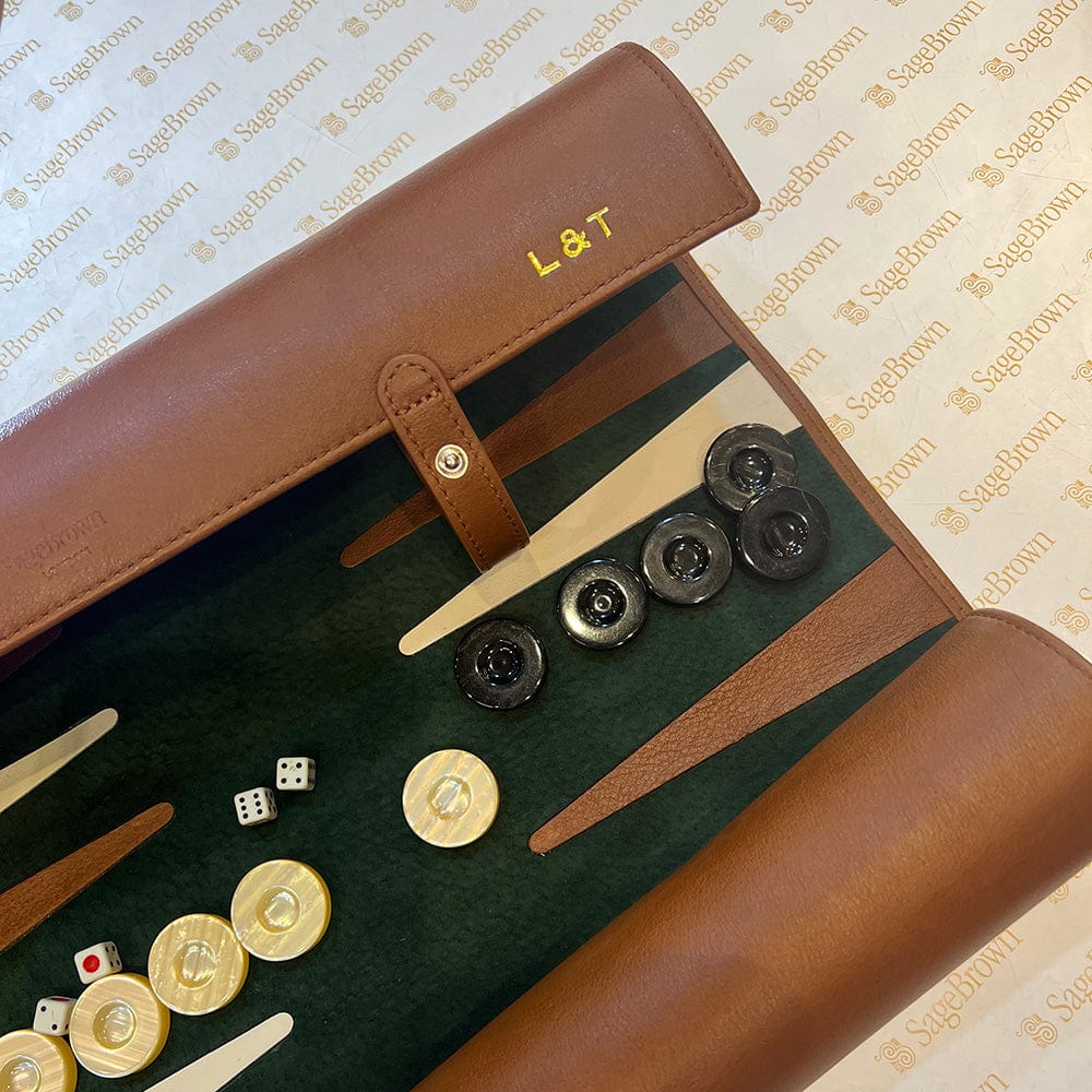 Leather Backgammon Roll - Havana Tan With Green