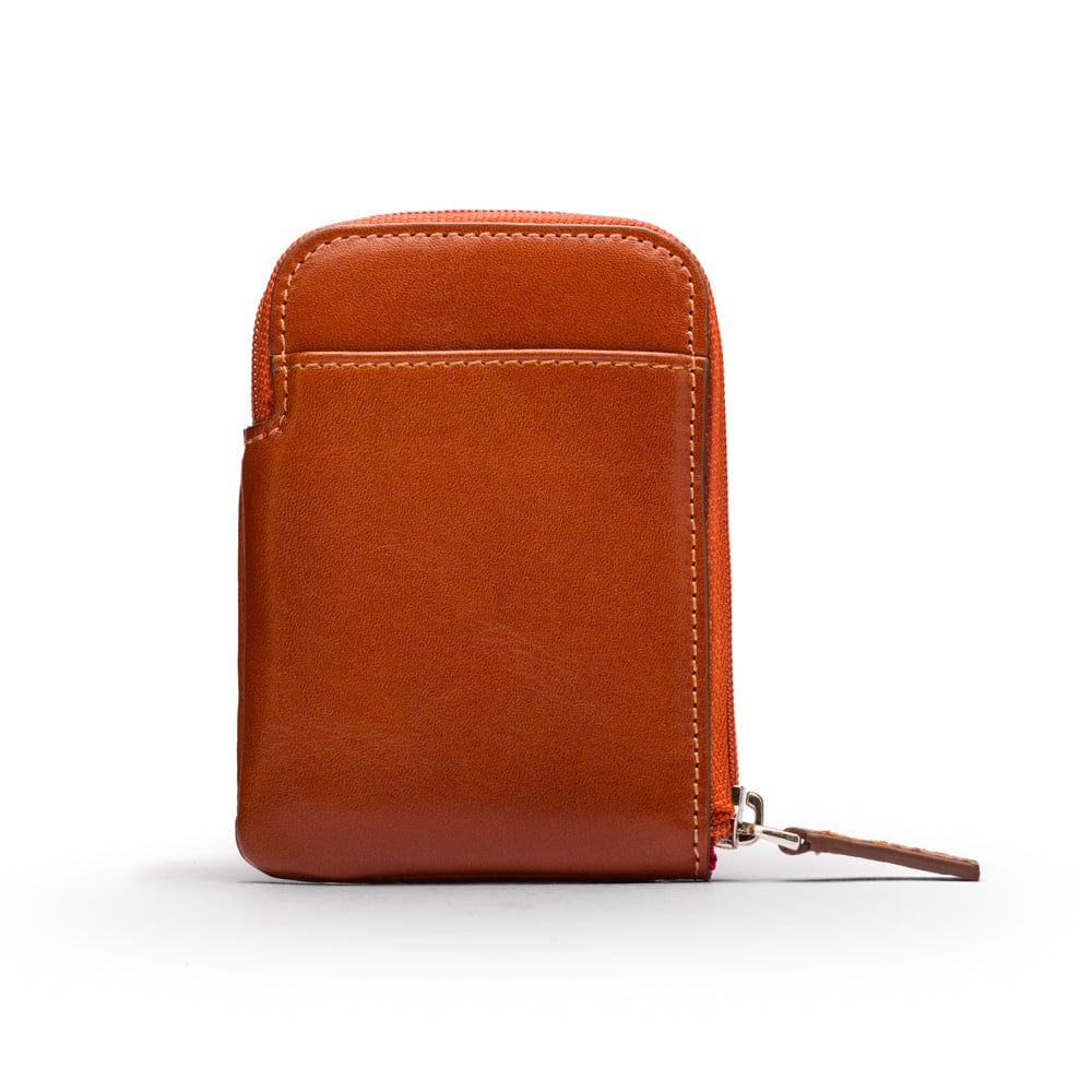 Leather card case with zip, havana tan, front
