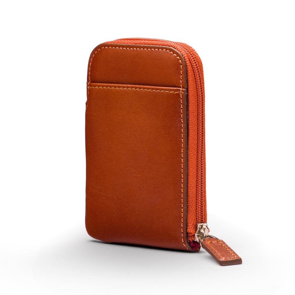 Leather card case with zip, havana tan, front view