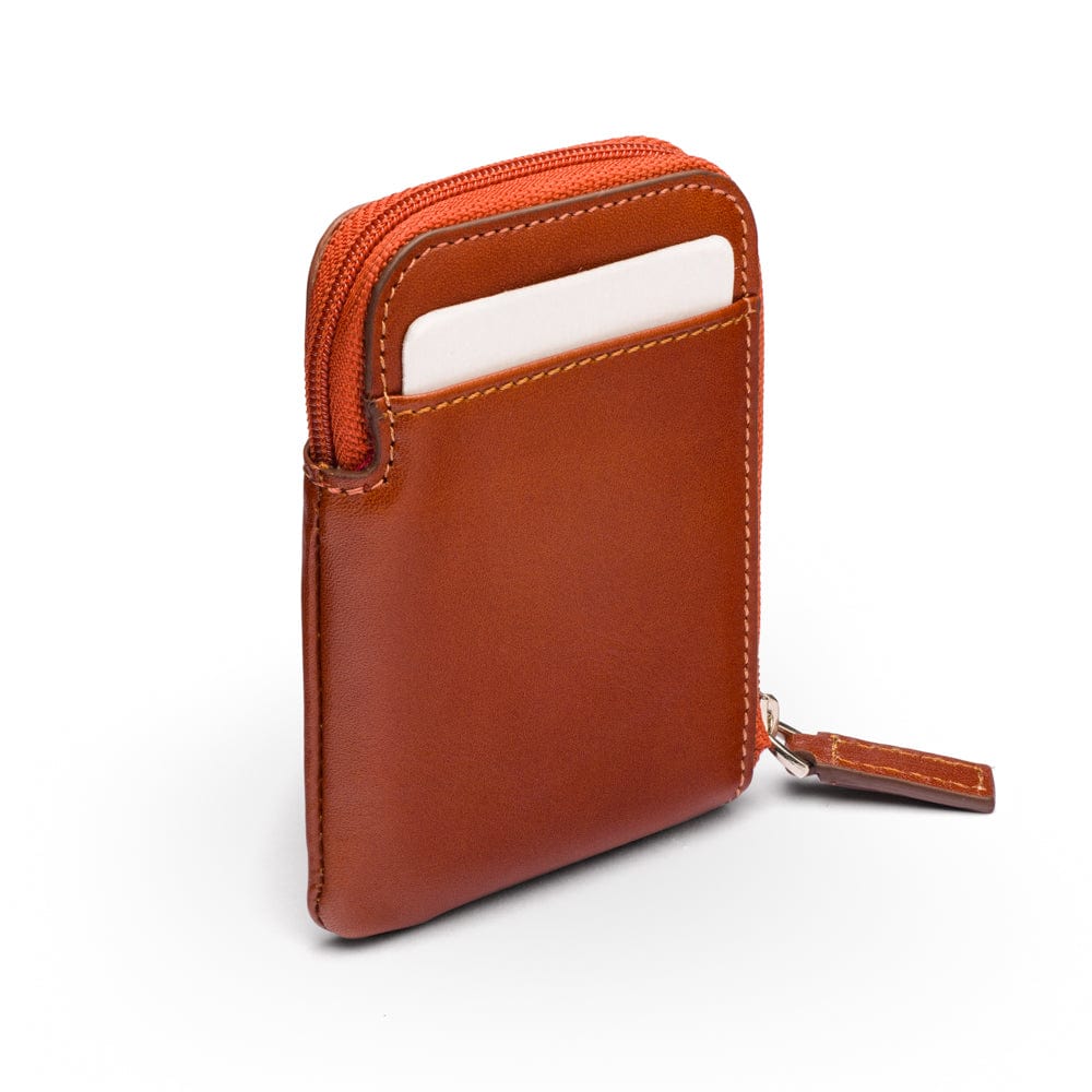 Leather card case with zip, havana tan, back