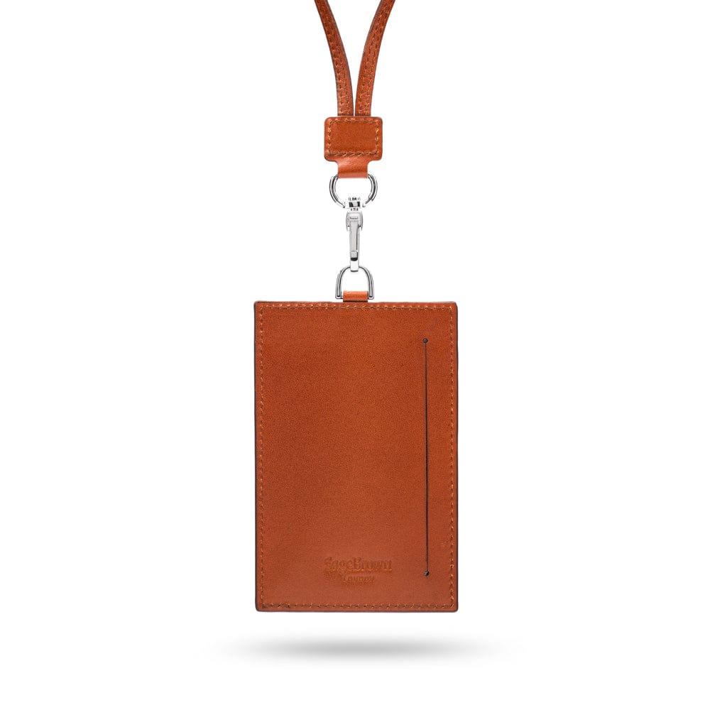 Leather lanyard ID card holder, havana tan, back