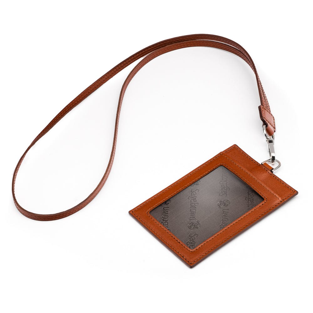 Leather lanyard ID card holder, havana tan, with strap