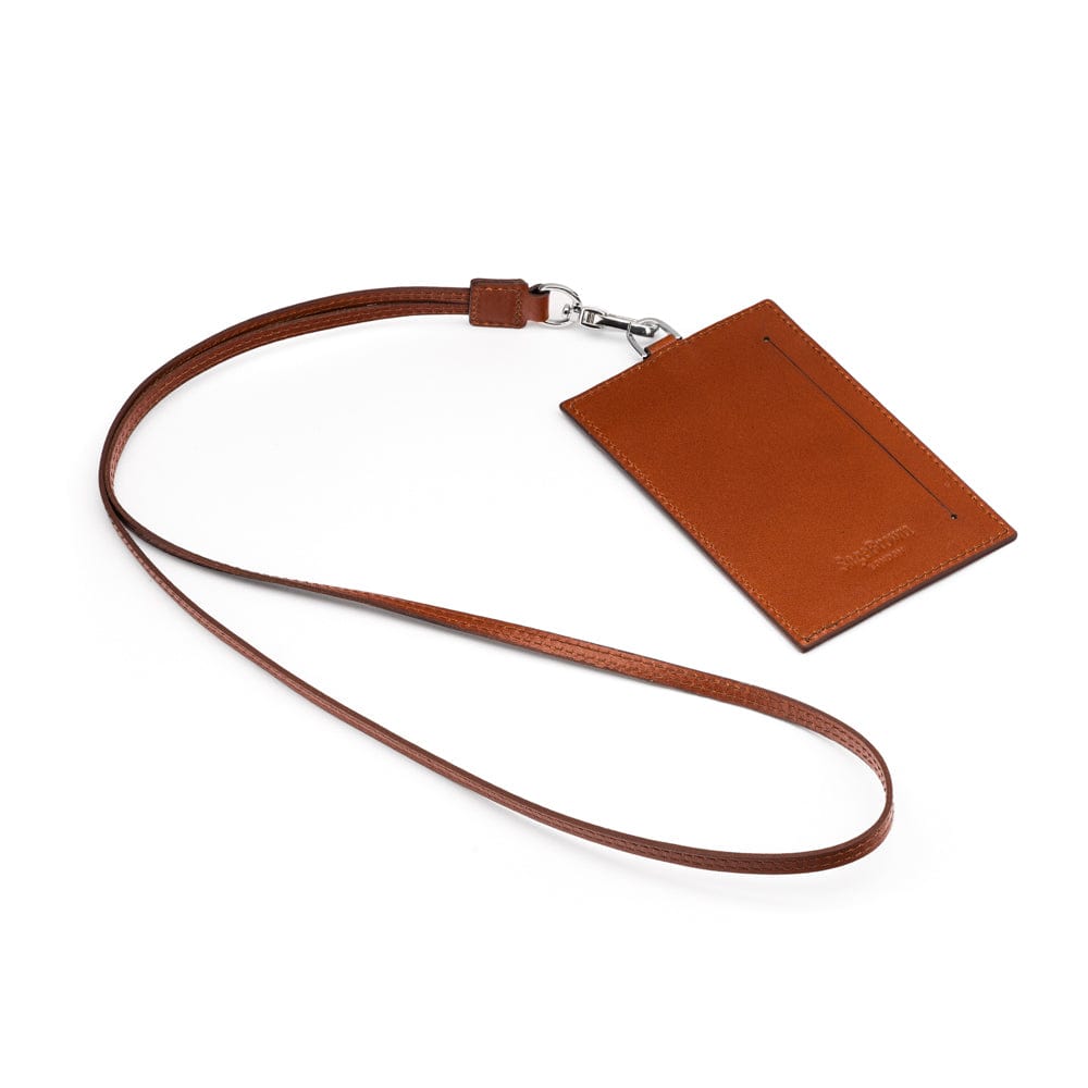 Leather lanyard ID card holder, havana tan, lanyard back