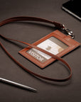 Leather lanyard ID card holder, havana tan, lifestyle