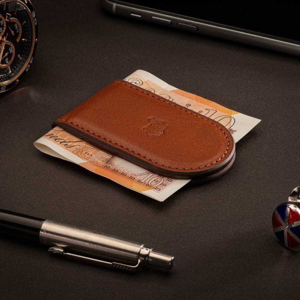 Leather Magnetic Money Clip, havana tan, lifestyle