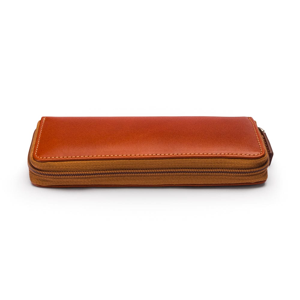 Leather zip around triple pen case, havana tan, zip