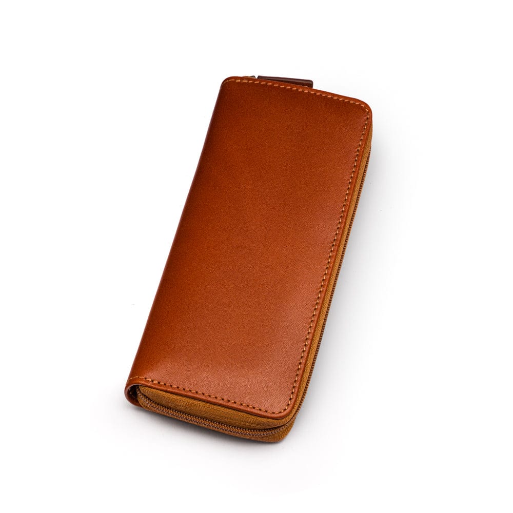 Leather zip around triple pen case, havana tan, front