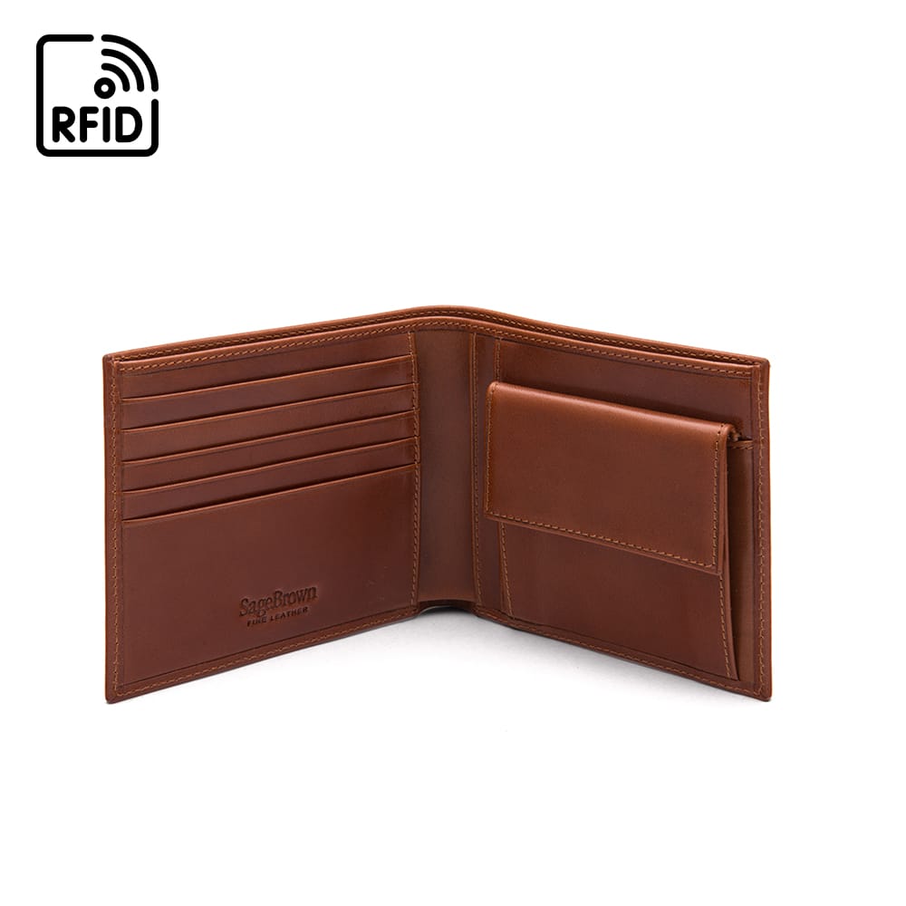RFID leather wallet with coin purse, Havana tan, open