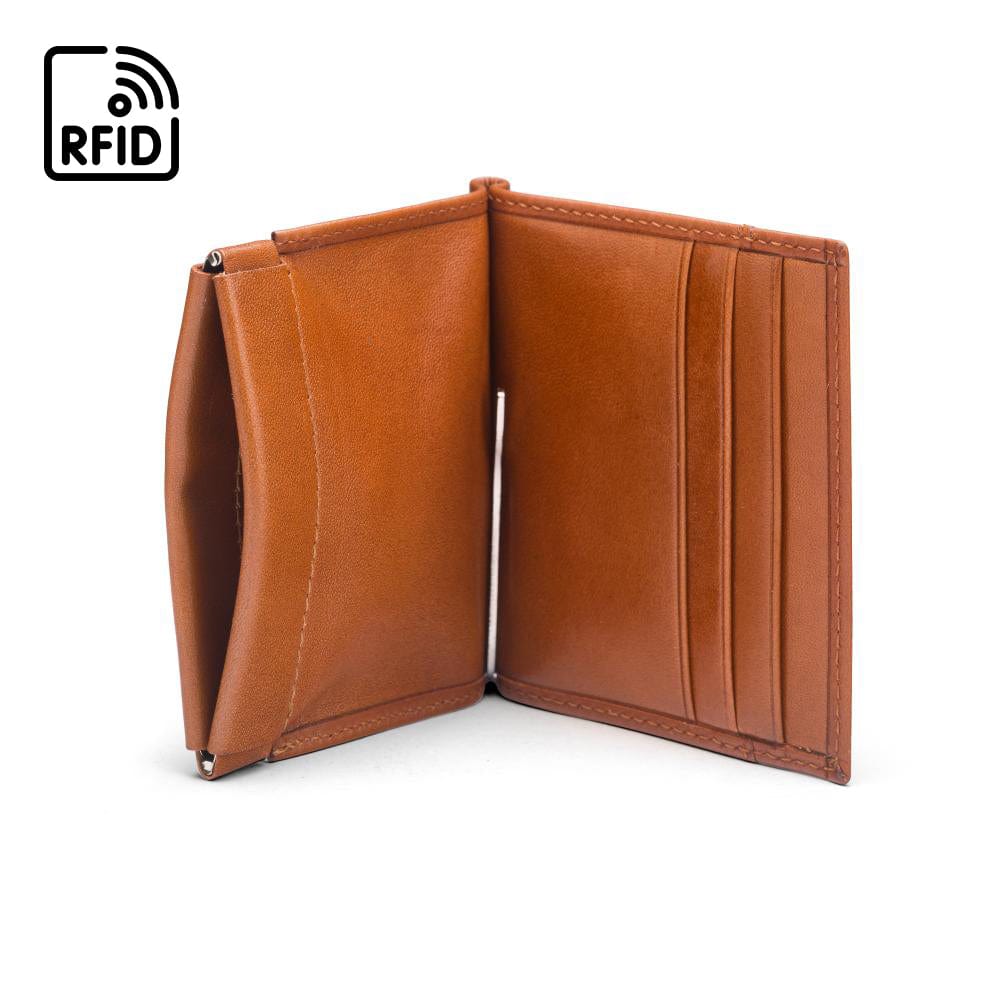 Leather money clip wallet with coin purse, havana tan, open