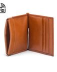 Leather money clip wallet with coin purse, havana tan, open