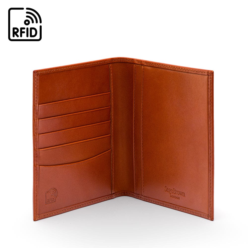 RFID leather passport holder, havana tan, inside view