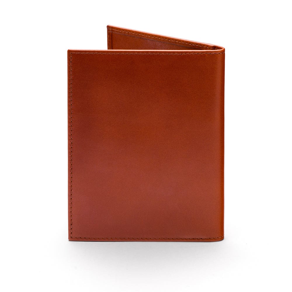 RFID leather passport holder, havana tan, back view