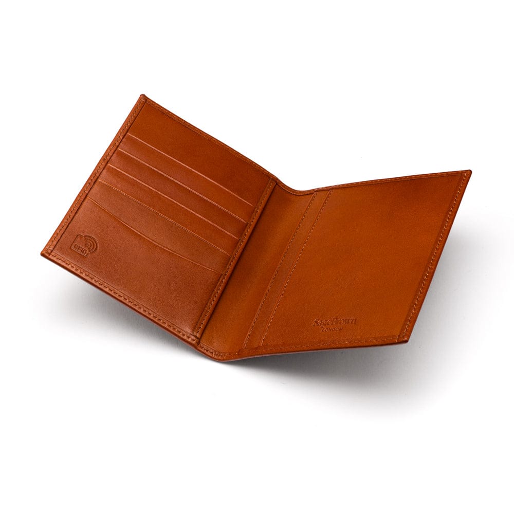 RFID leather passport holder, havana tan, open