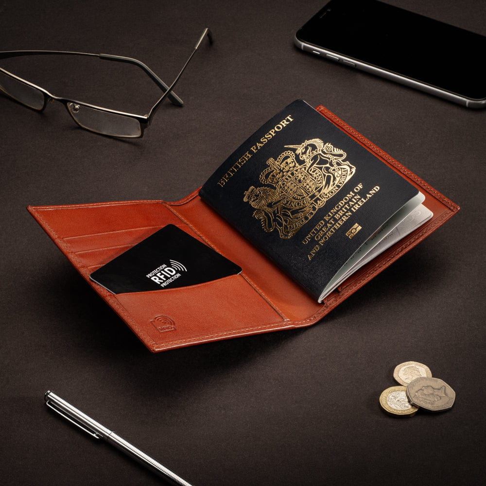 RFID leather passport holder, havana tan, lifestyle