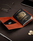 RFID leather passport holder, havana tan, lifestyle