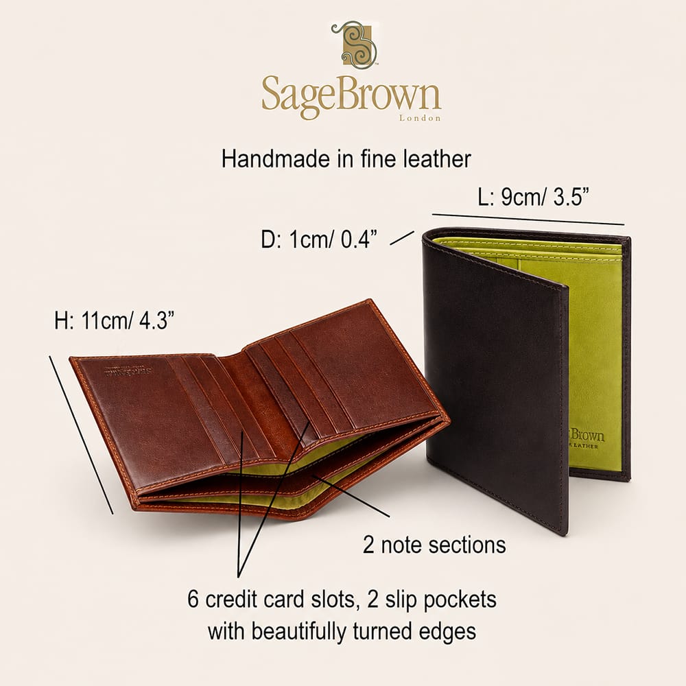 Leather bifold wallet with 6 credit cards, features and dimensions