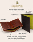 Leather bifold wallet with 6 credit cards, features and dimensions