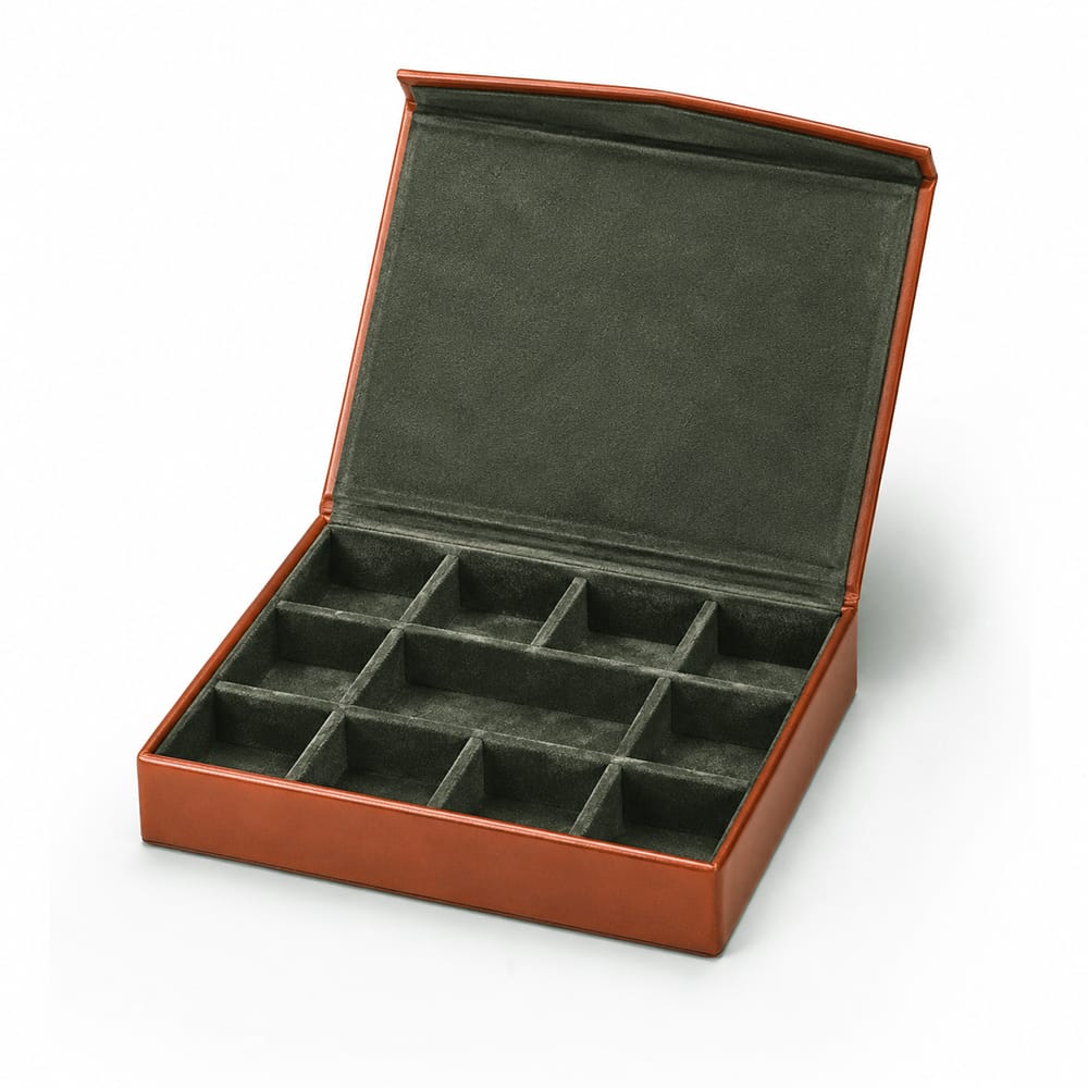Large Leather Cufflink And Jewellery Box - Havana tan with green , inside