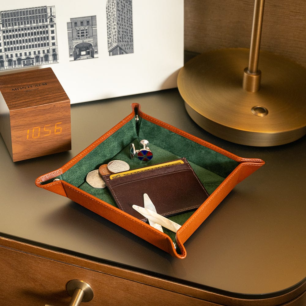 Leather valet tray, havana tan with green, lifestyle view