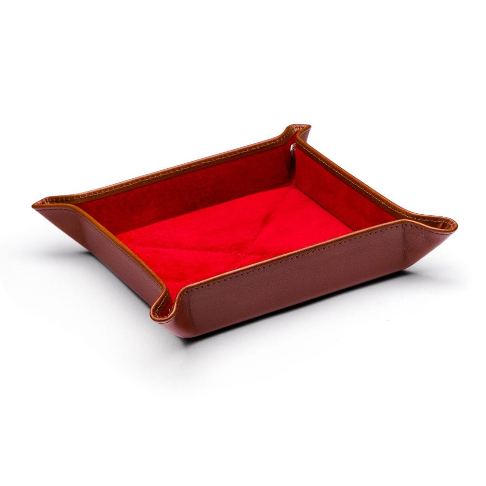 Leather valet tray, havana tan with red