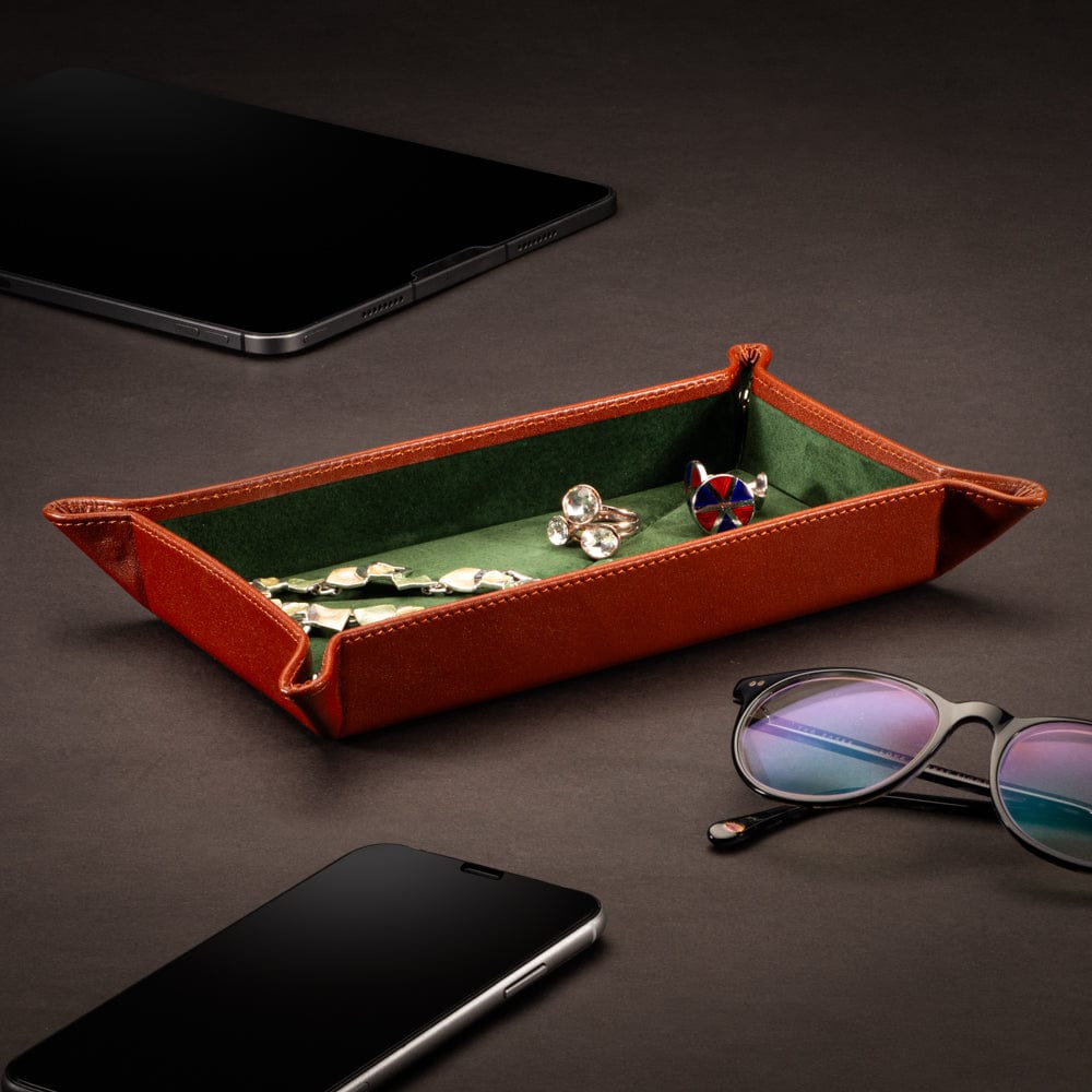 Rectangular valet tray, havana tan with green, lifestyle image