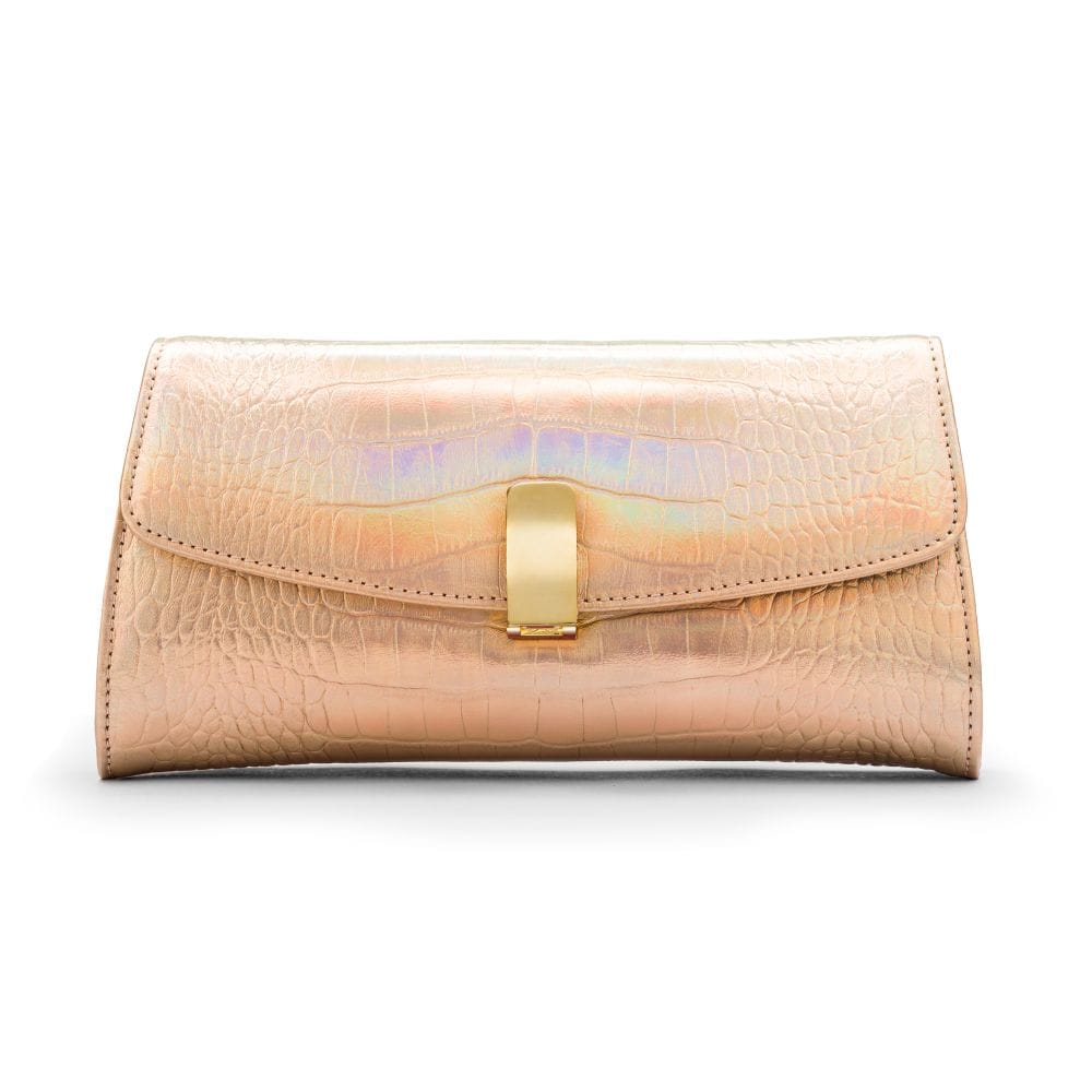 Leather Clutch Bag, Melanie, Hologram Gold Croc Effect, front