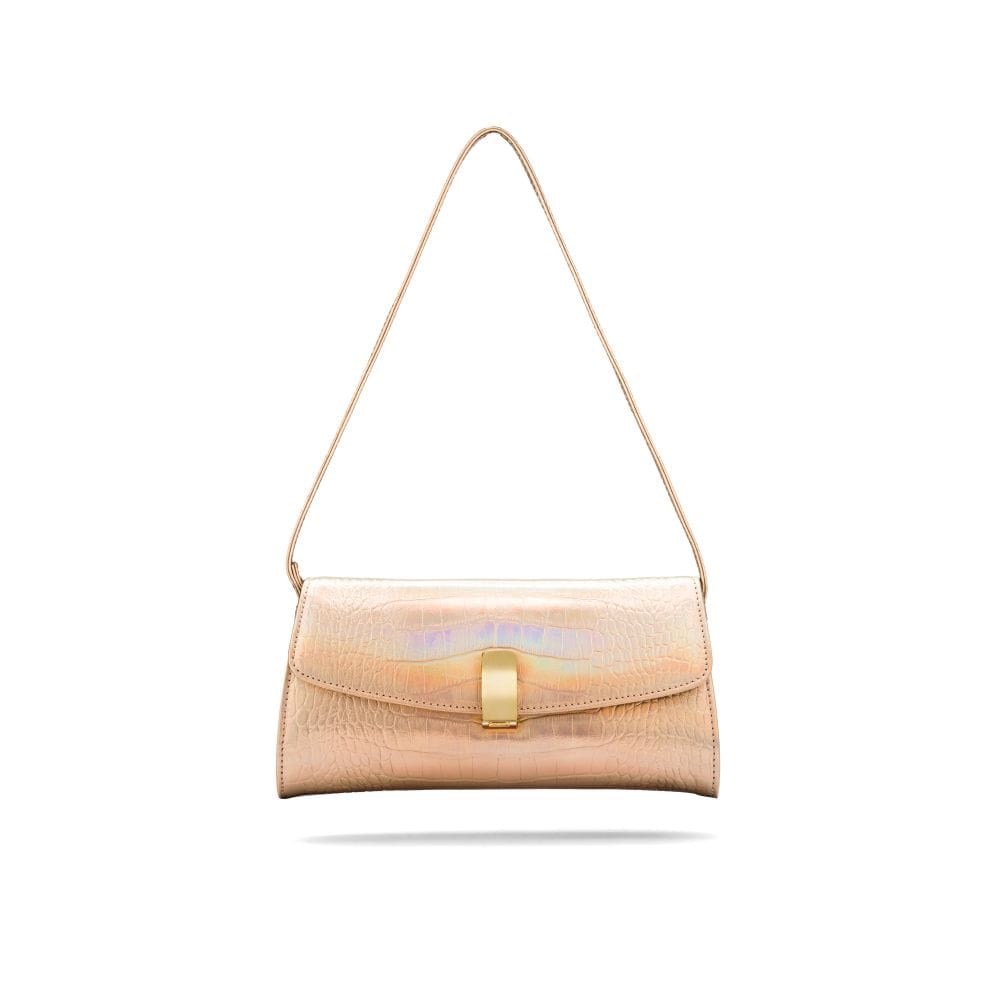 Leather Clutch Bag, Melanie, Hologram Gold Croc Effect, with short leather strap