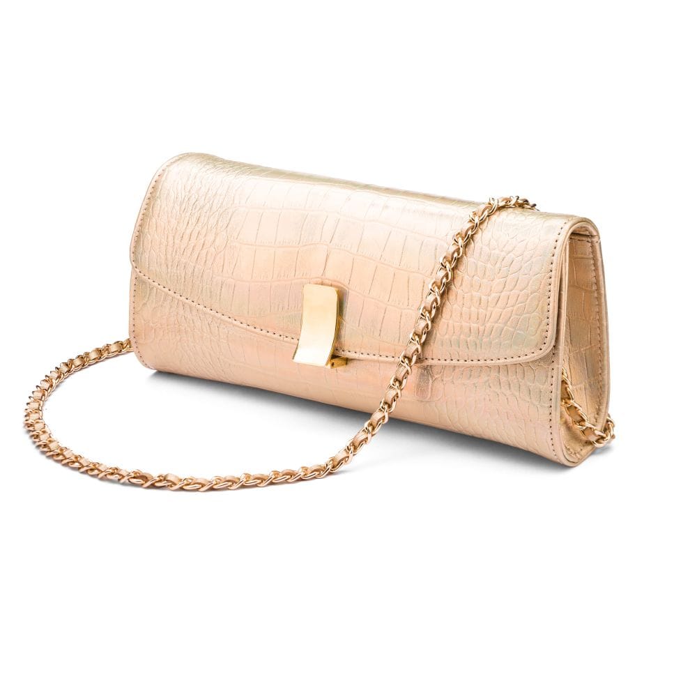 Leather Clutch Bag, Melanie, Hologram Gold Croc Effect, with long chain strap