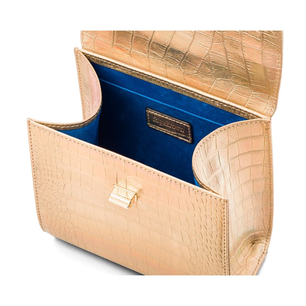 Mini leather Morgan Bag, top handle bag, hologram gold croc, inside