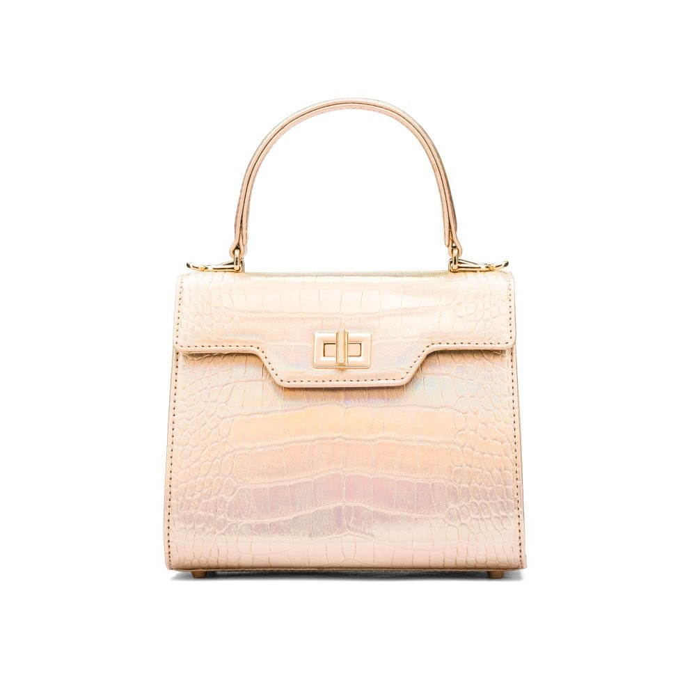 Mini leather Morgan Bag, top handle bag, hologram gold croc, front