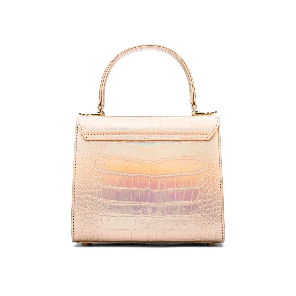 Mini leather Morgan Bag, top handle bag, hologram gold croc, back
