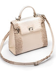 Leather Catherine top handle bag, ivory burnished croc, side