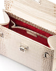 Leather Catherine top handle bag, ivory burnished croc, inside