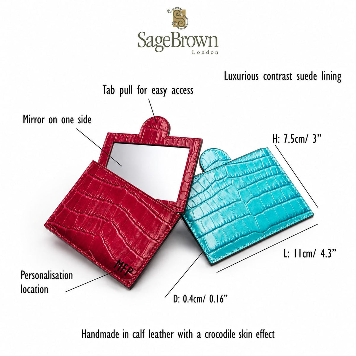 Leather makeup mirror, features and dimensions