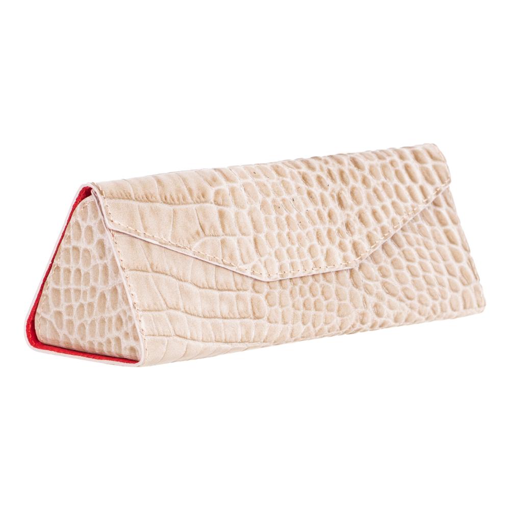 Triangular leather glasses case, ivory croc, side view