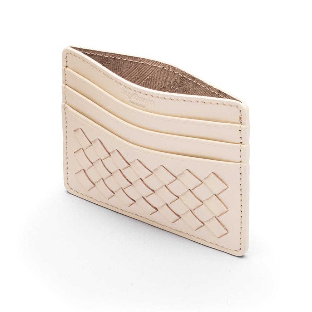Flat woven leather card holder, ivory, open
