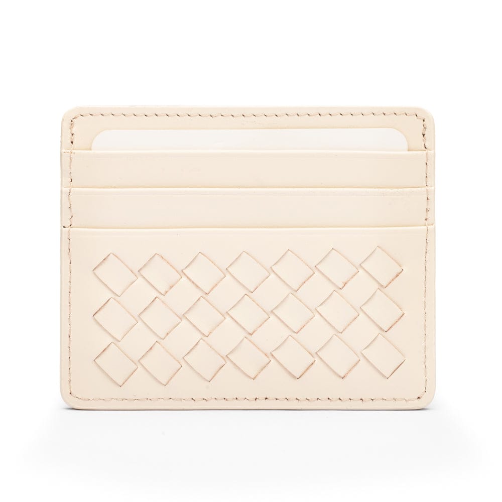 Flat woven leather card holder, ivory, front