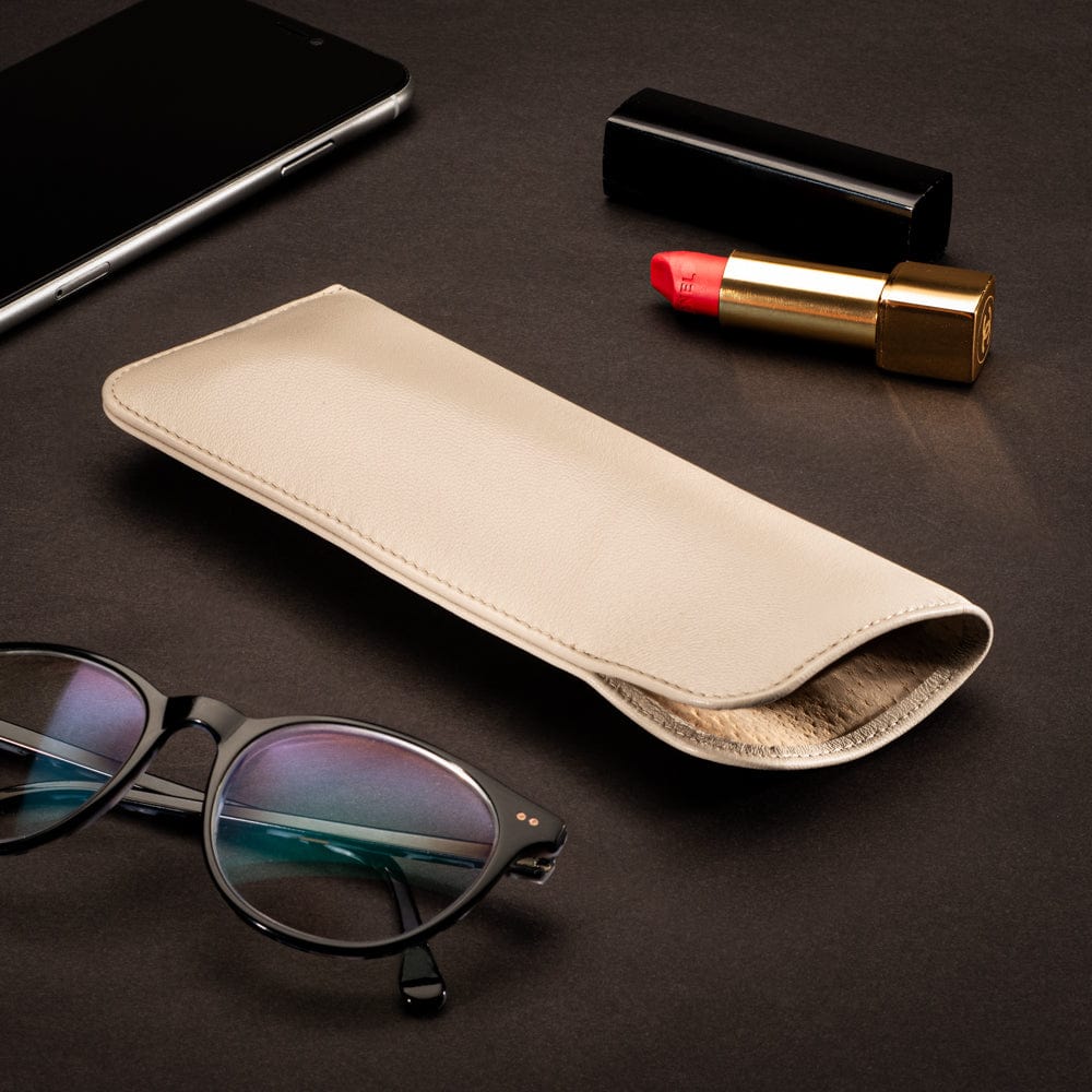 Large leather glasses case, soft ivory, lifestyle