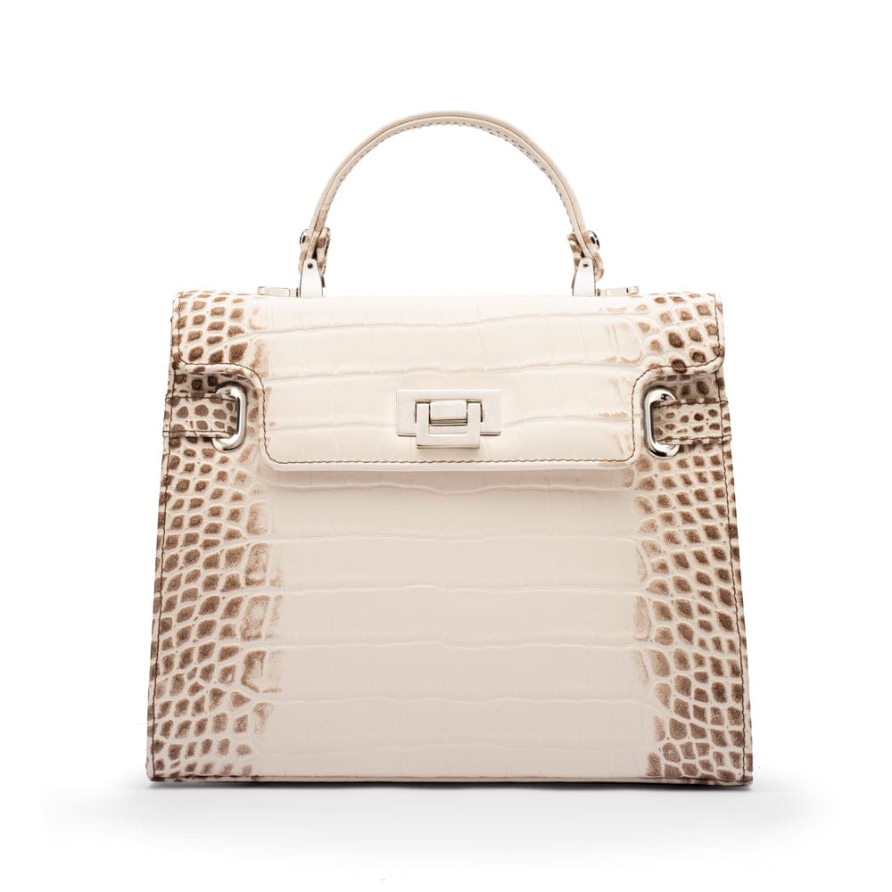 Leather Catherine top handle bag, ivory burnished croc, front