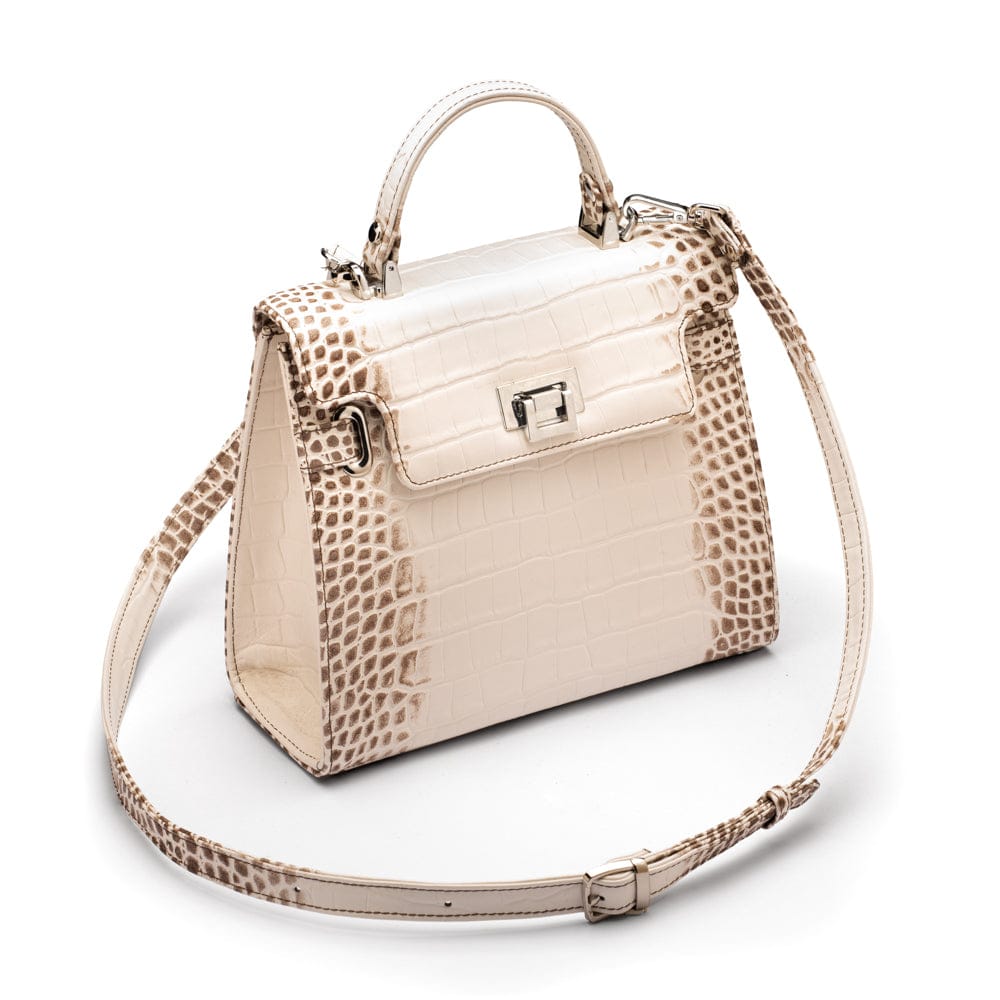 Leather Catherine top handle bag, ivory burnished croc, with strap
