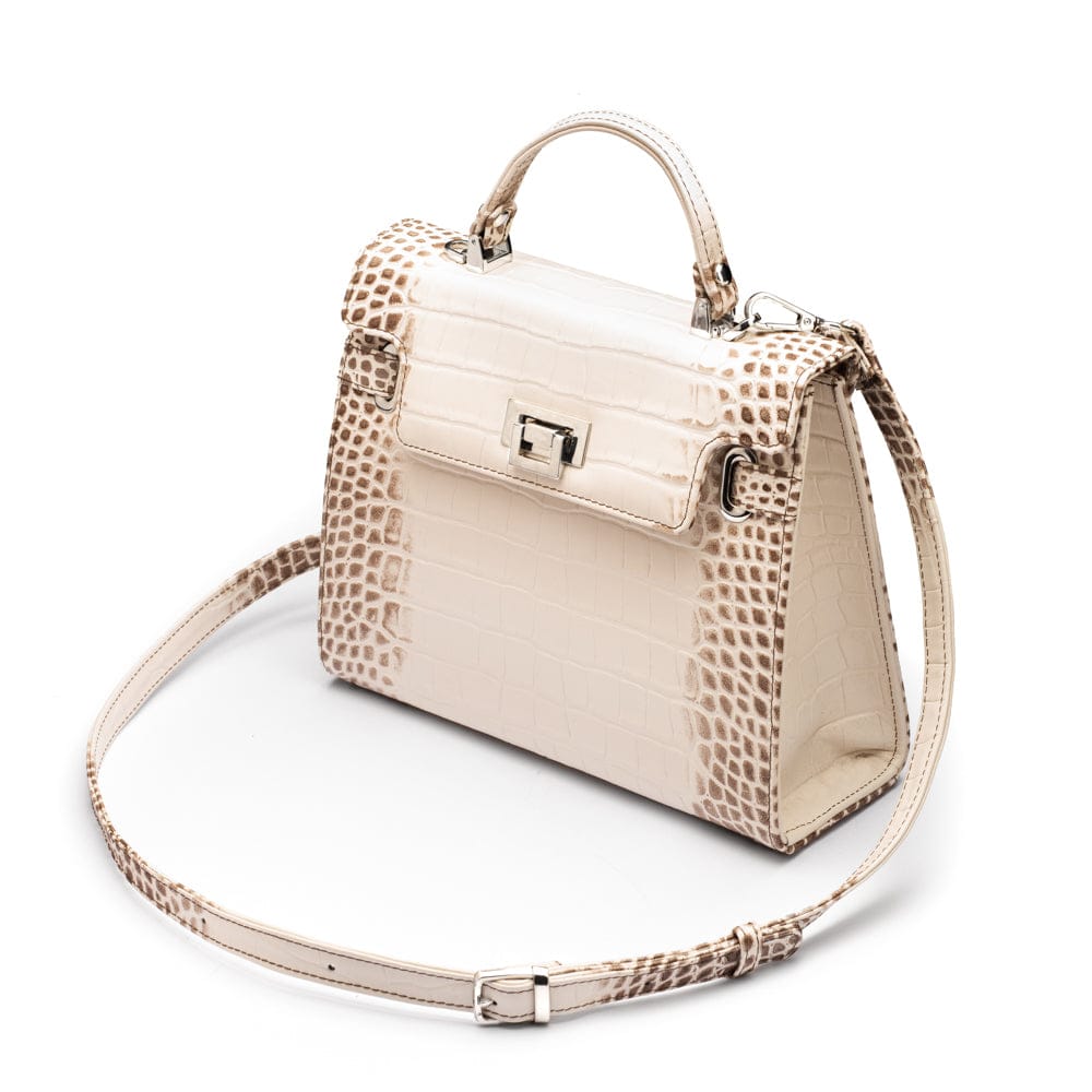 Leather Catherine top handle bag, ivory burnished croc, side