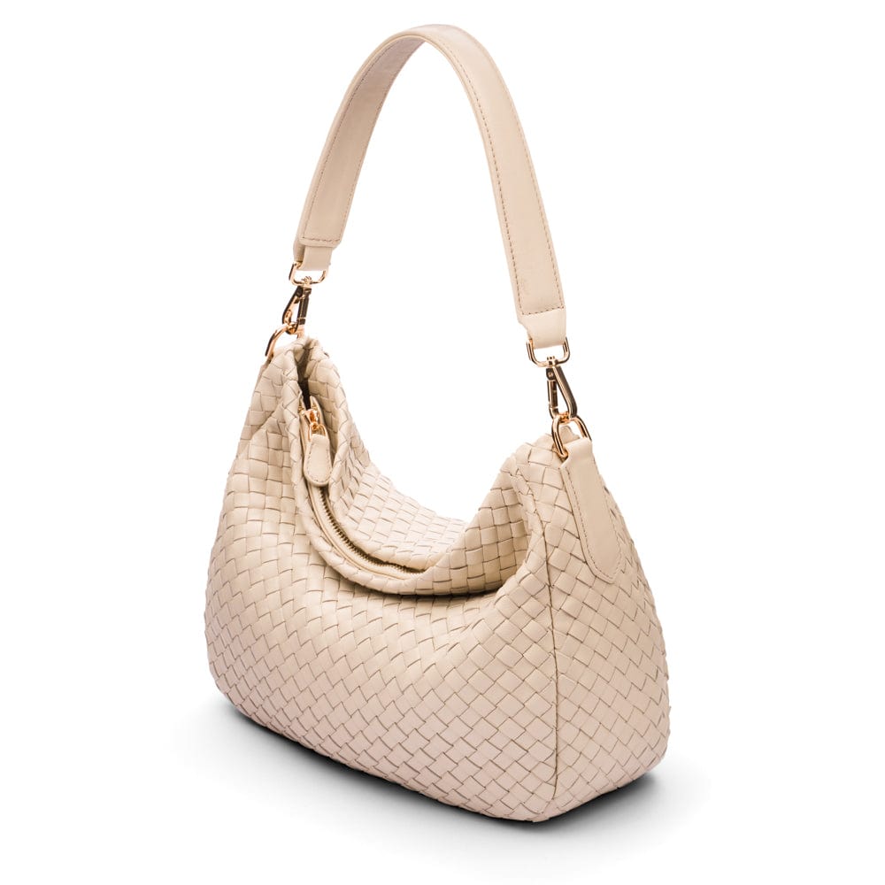 Melissa slouchy leather woven bag with zip closure, ivory, side