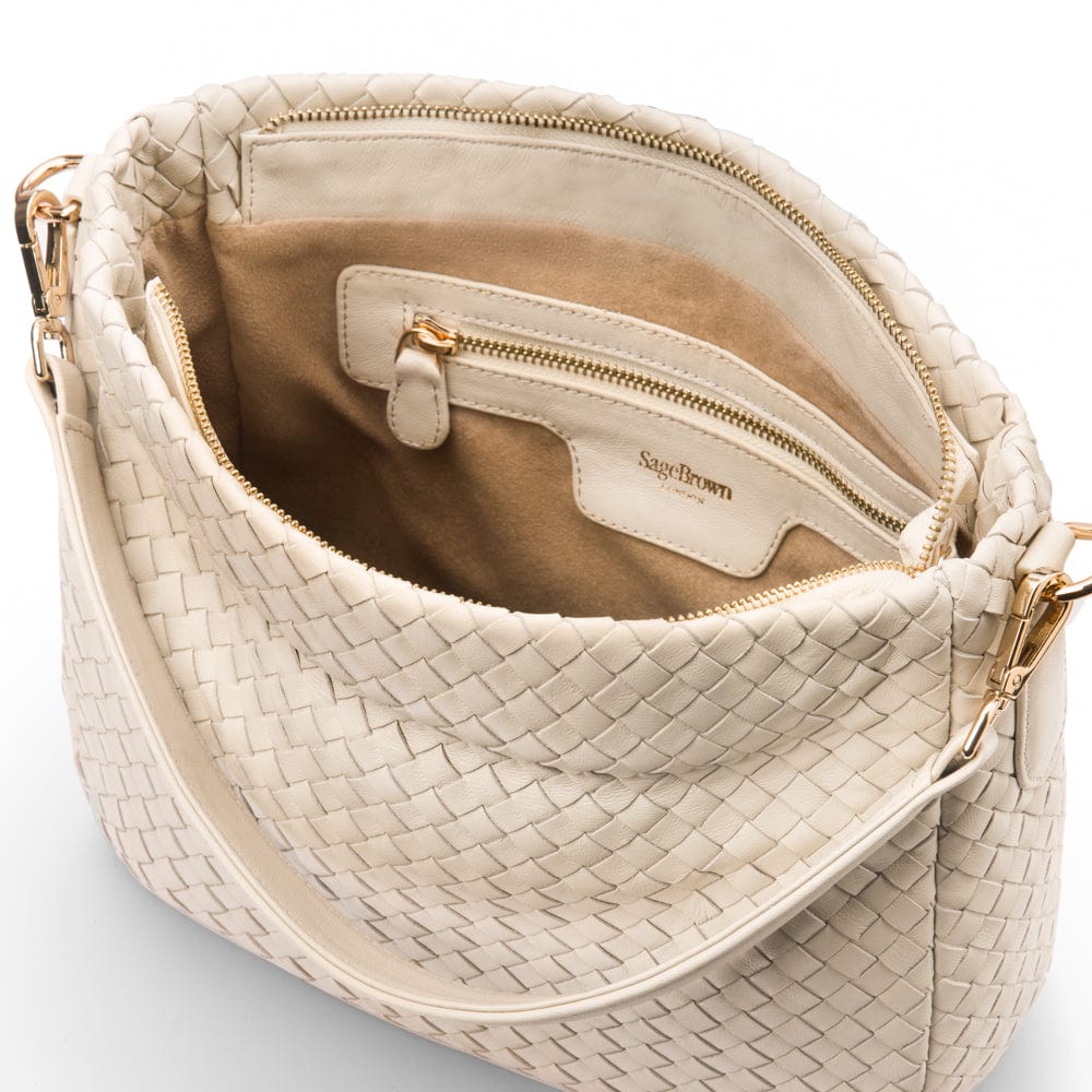 Melissa slouchy leather woven bag with zip closure, ivory, inside